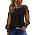 thumbnail image 1 of Womens Crew Neck Long Sleeve Tee Contrast Mesh Rhinestone Detail Casual Everyday Top, 1 of 5