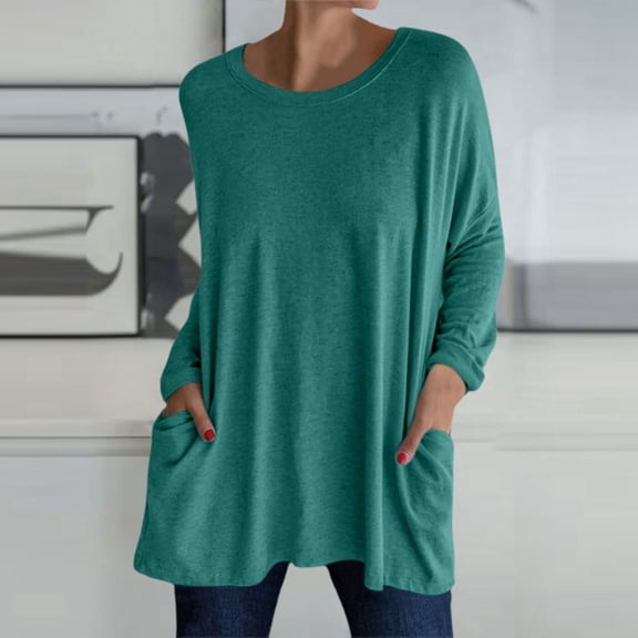 Womens Crew Neck Long Sleeve Top T Shirt Long Top Solid Color T Shirt With Pockets Women Casual Shirts Women's T Shirt Womens Swim Shirt Juniors Spandex Shirt Women Womens T Shirts Casual Summer Women