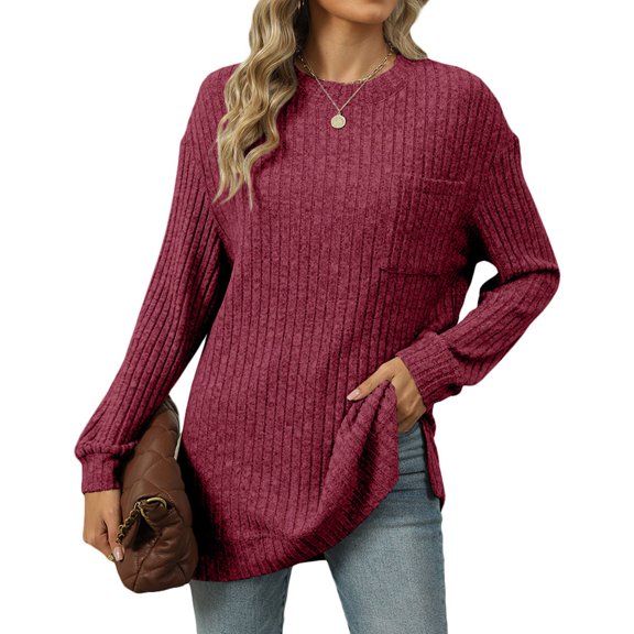 Womens Crew Neck Long Sleeve Tops Basic Button T Shirts Solid Loose Cute Tunic Tee Blouses Slim Fit Pullover Women Tech Shirt