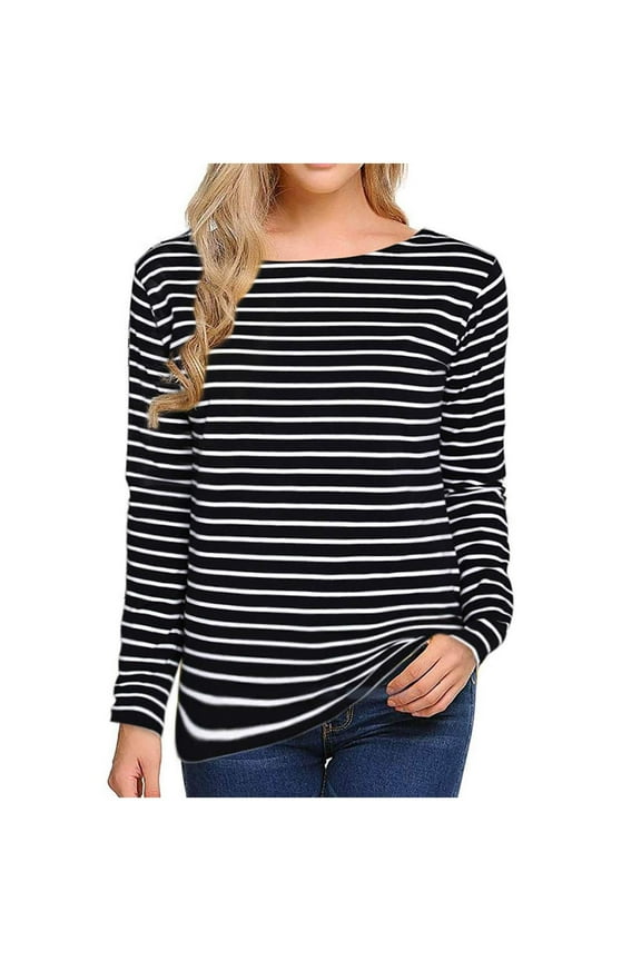 Womens Crew Neck Long Sleeve Tops Fall Casual Striped Printed Shirt Winter Loose Fit Color Block T-Shirt 2025 (Black L)