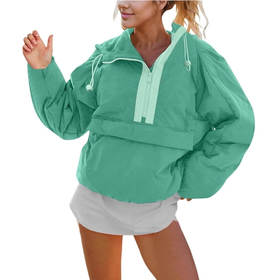 Womens Crew Neck Pullover Puffer Jacket Long Sleeve Loose Jackets Half Zip Hooded Down Coat With Drawstring Pockets