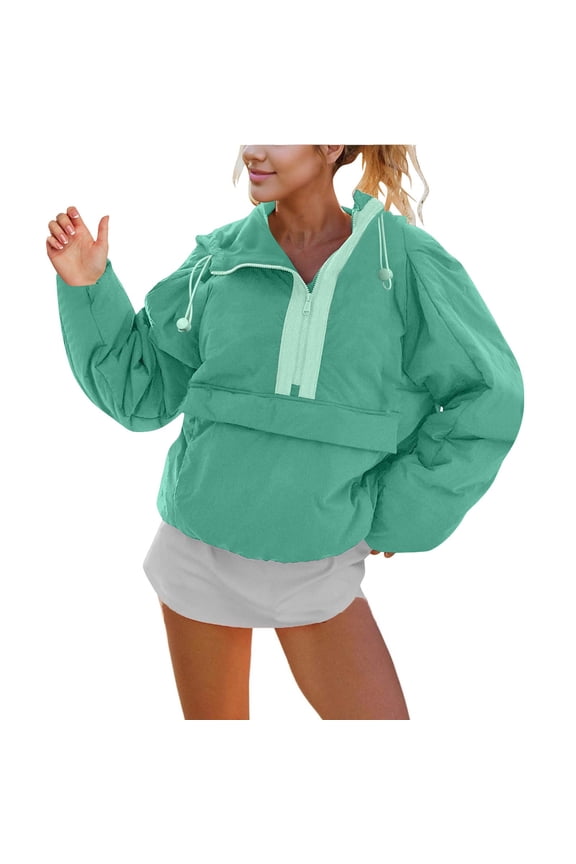 Womens Crew Neck Pullover Puffer Jacket Long Sleeve Loose Jackets Half Zip Hooded Down Coat With Drawstring Pockets