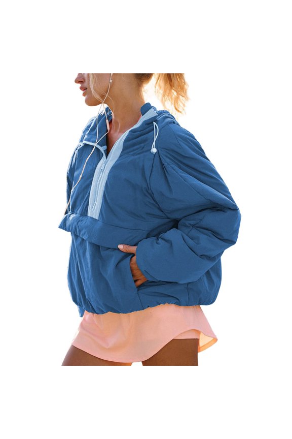 Womens Crew Neck Pullover Puffer Long Sleeve Loose Jacket Half Zip Hooded Coat with Drawstring Blue XXL