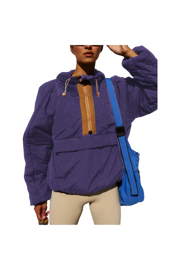 Womens Crew Neck Pullover Puffer Long Sleeve Loose Jacket Half Zip Hooded Coat with Drawstring Deep L