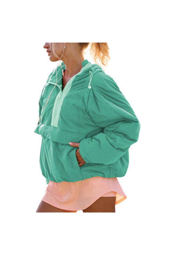 Womens Crew Neck Pullover Puffer Long Sleeve Loose Jacket Half Zip Hooded Coat with Drawstring Green S
