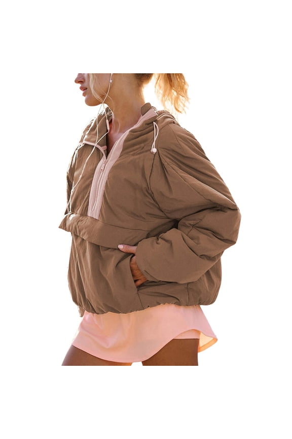 Womens Crew Neck Pullover Puffer Long Sleeve Loose Jacket Half Zip Hooded Coat with Drawstring Khaki M