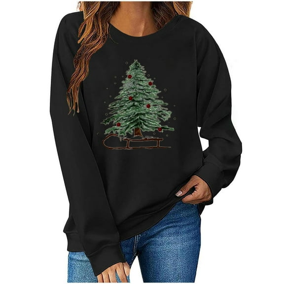 Womens Crew Neck Pullover Sweater Blouses Xmas Graphic Sweatshirt Tops Christmas Tree Print Sweatshirt Fall Casual Trendy Sweatshirt Hooded Pullover Tops
