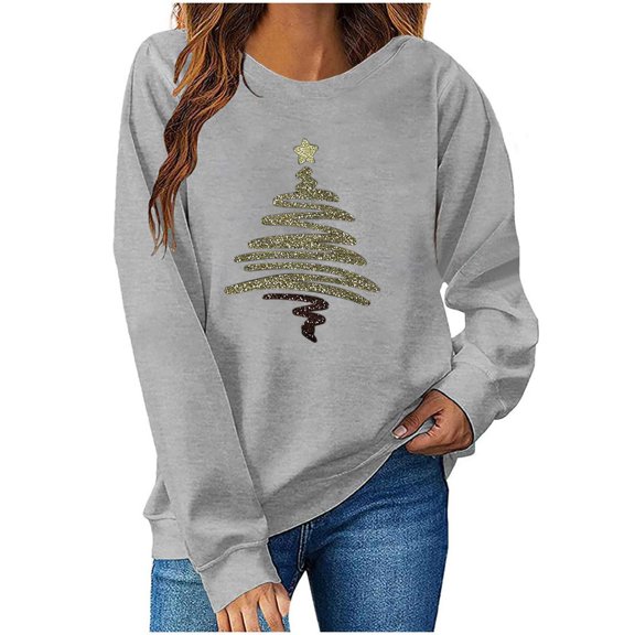 Womens Crew Neck Pullover Sweater Blouses Xmas Graphic Sweatshirt Tops Christmas Tree Print Sweatshirt Fall Casual Trendy Sweatshirt Hooded Pullover Tops