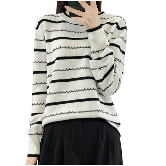 Womens Crew Neck Pullover Sweater Casual Loose Striped Long Sleeve Knitted Tops Fashion Winter Lounge Sweatshirt (Black L)