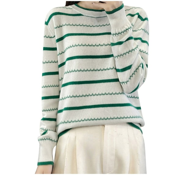 Womens Crew Neck Pullover Sweater Casual Loose Striped Long Sleeve Knitted Tops Fashion Winter Lounge Sweatshirt (Green XL)