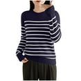 thumbnail image 1 of Womens Crew Neck Pullover Sweater Casual Loose Striped Long Sleeve Knitted Tops Fashion Winter Lounge Sweatshirt (Navy XL), 1 of 3