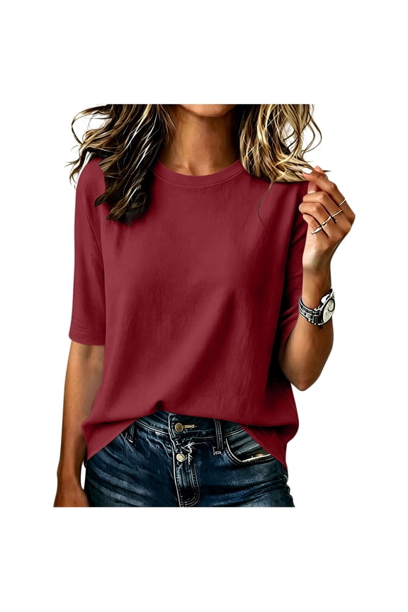 Womens Crew Neck Relaxed Fit T-Shirt Elbow Sleeve Basic Solid Tee Wine S-XXL,Size XL