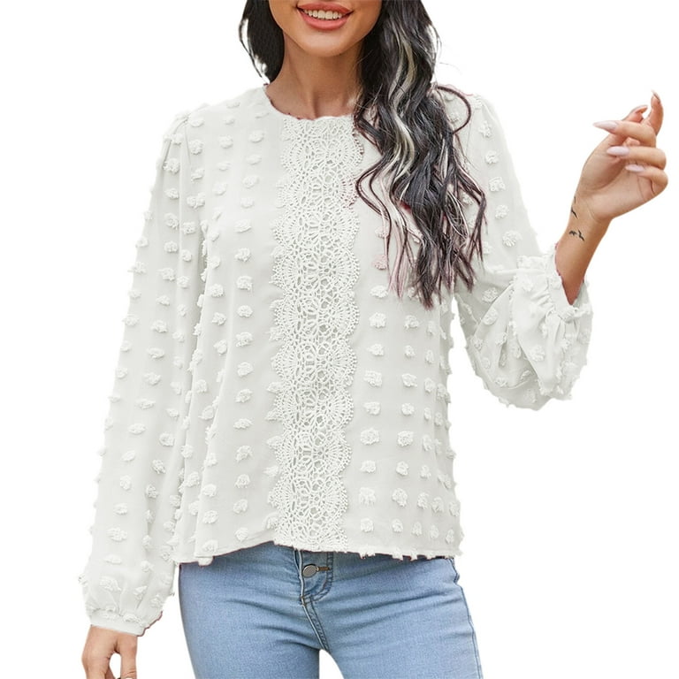 Womens Crew Neck Shirts Long Sleeve Blouse Button Down Shirts Roll
