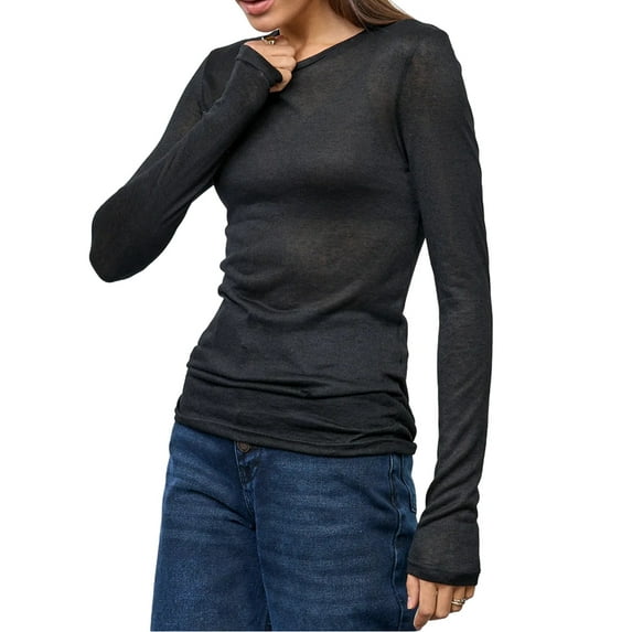 Womens Crew Neck Shirts Long Sleeve - Knit Pullover Sweaters Casual Sheer Blouse Tops Black L