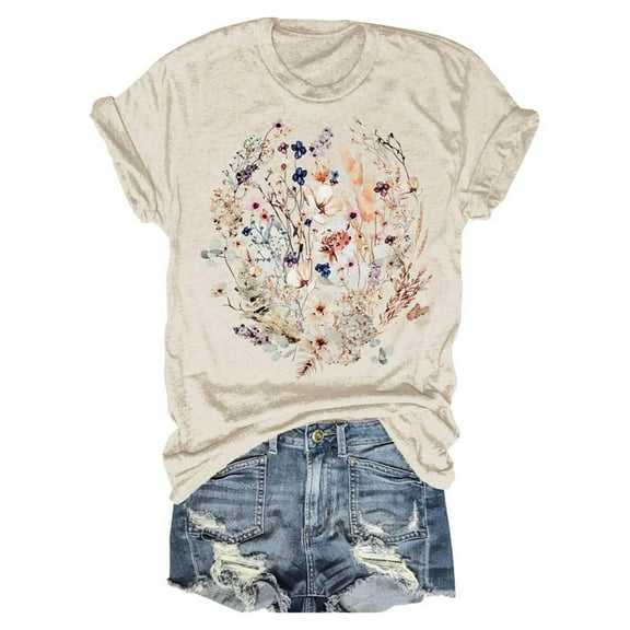 Womens Crew Neck Short Sleeve Fashion T Shirts Summer Oversize Floral Graphic Print Vintage Blouses Casual Cute Trendy Top