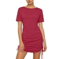 thumbnail image 1 of Womens Crew Neck Short Sleeve Mini Dresses Drawstring Ruched Loose Fitting Summer Casual Party Solid Comfy T Shirt Dresses Red M, 1 of 7
