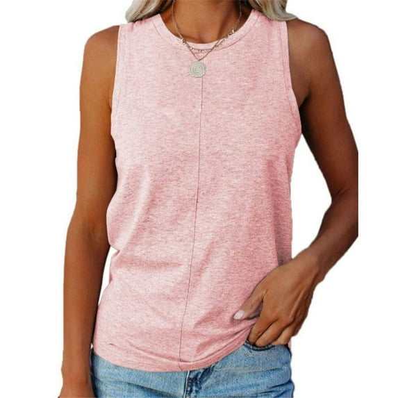 Womens Crew Neck Sleeveless Solid Color Casual Loose Fit Tee Summer Tank Tops