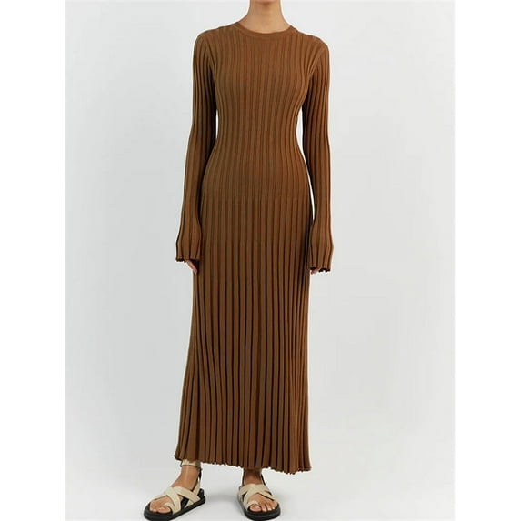 Womens Crew Neck Solid Long Sleeve Midi Sweater Dress Elegant Bodycon Dress with Back Belt