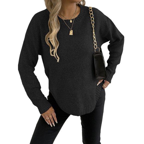 Womens Crew Neck Sweater Casual Loose Warm Top Soft Solid Long Sleeve Sweaters Fall Winter Knitted Pullover Black L