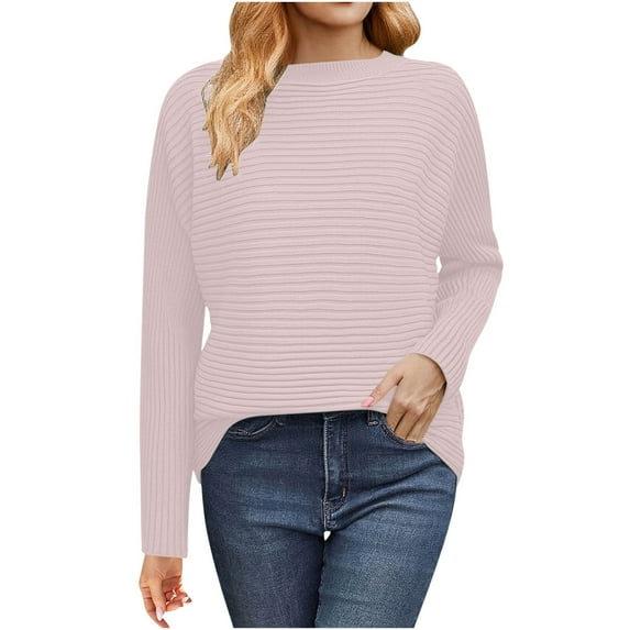 Womens Crew Neck Sweater Knitted Pullover Tops Dropped Long Sleeve Solid Color Casual Fall Winter Jumpers (M, Pink)