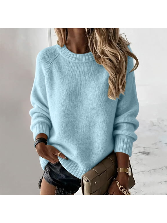 Womens Crew Neck Sweater Long Sleeve Fuzzy Knit Pullover Fall Winter Oversized Loose Fit Soft Fleece Casual Jumper Tops Light Blue M