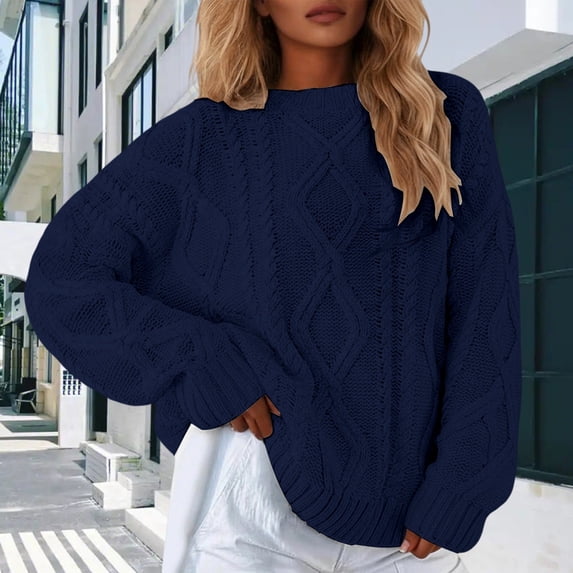 Womens Crew Neck Sweater Loose Pullover Tops (Navy XXL)