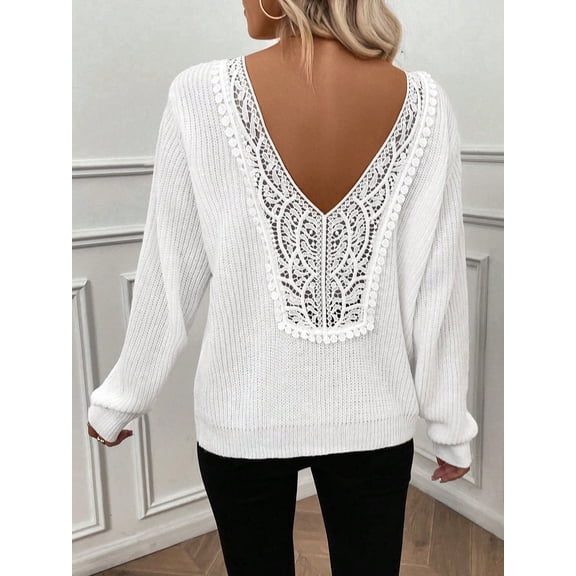 Womens Crew Neck Sweater Trendy Long Sleeve Low Back Casual Top Comfortable Pullover White L