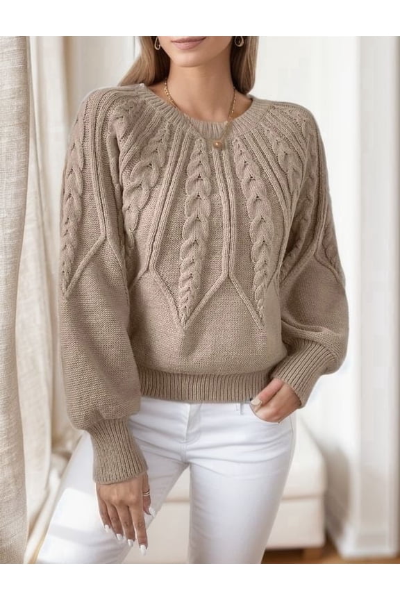 Womens Crew Neck Sweater Winter Trendy Long Sleeve Casual Top Comfortable Daily Pullover Khaki L