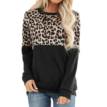 Womens Crew Neck Sweaters Long Sleeve Leopard Color Block Pullover Tops Fashion Fall Casual Loose Sweatshirts (Brown M)