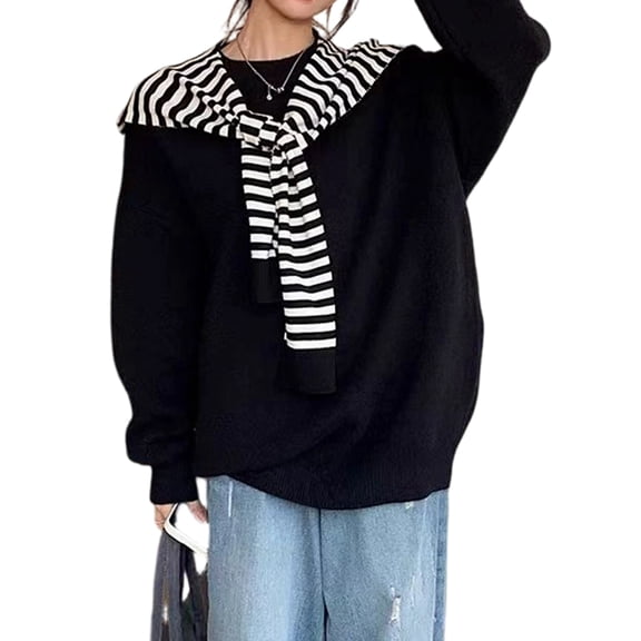 Womens Crew Neck Sweaters Long Sleeve Slouchy Fall Casual Loose Pullover Tops Black One size