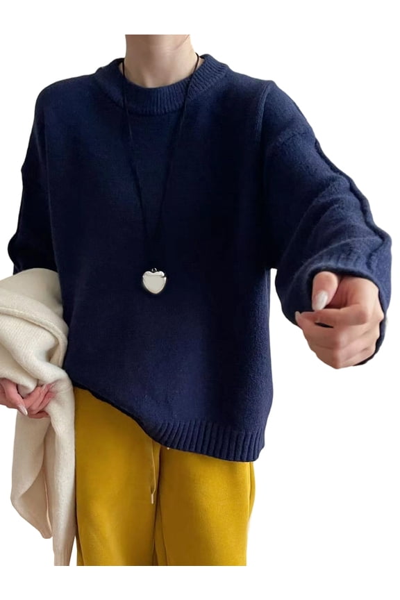 Womens Crew Neck Sweaters Long Sleeve Slouchy Fall Casual Loose Pullover Tops Navy Blue One size