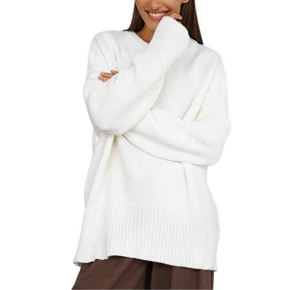 Womens Crew Neck Sweaters Long Sleeve Solid Color Knitted Sweatshirt Loose Oversized Pullover Cable Knit Top (White S)