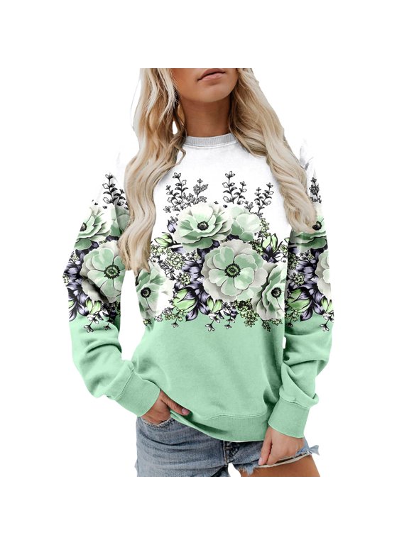 Womens Crew Neck Sweatshirts Floral Color Block Print Long Sleeve Pullover Boho Cottagecore Casual Top S