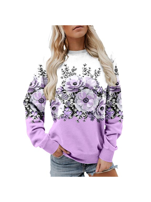 Womens Crew Neck Sweatshirts Floral Color Block Print Long Sleeve Pullover Boho Cottagecore Casual Top S