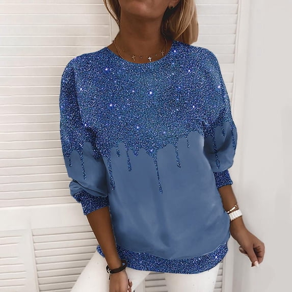 Womens Crew Neck Sweatshirts Glitter Print Long Sleeve Elegant Leisure Pullover Tops Fall Winter Clothes Blue L