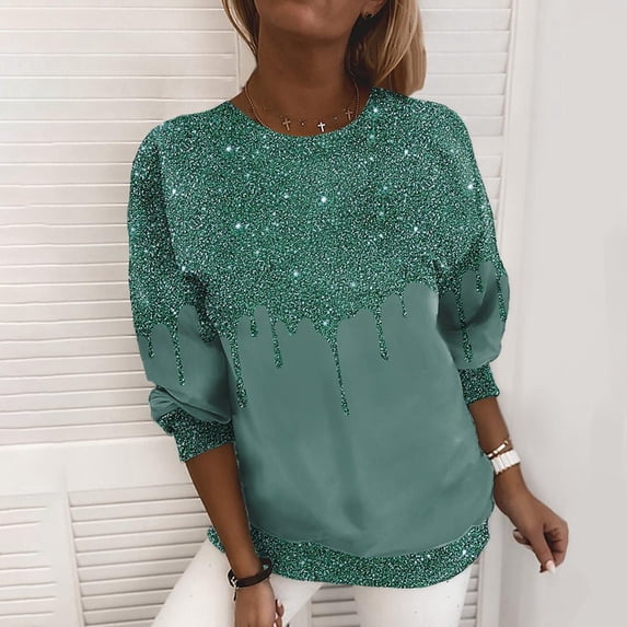 Womens Crew Neck Sweatshirts Glitter Print Long Sleeve Elegant Leisure Pullover Tops Fall Winter Clothes Dark Green 4XL