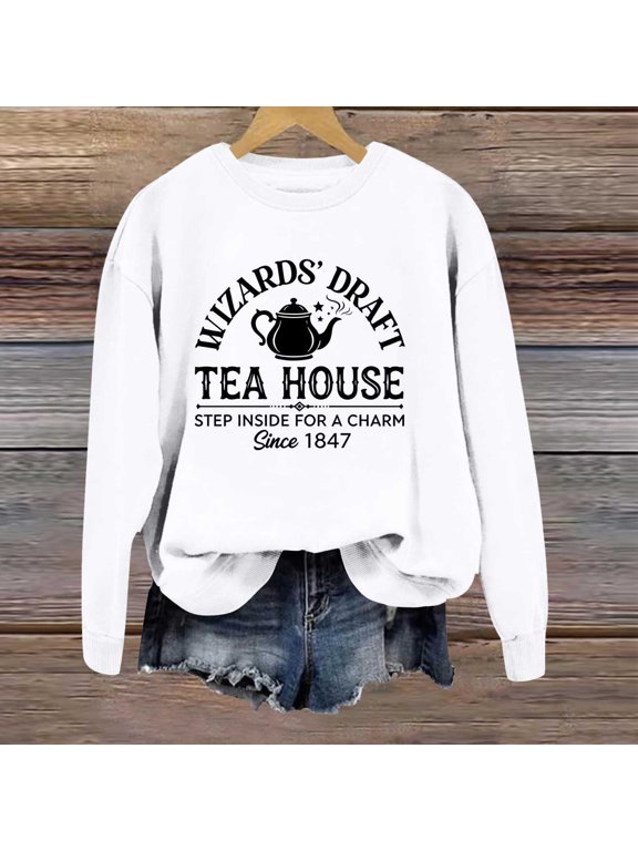 Womens Crew Neck Sweatshirts Goth Halloween Teapot Wizard Graphic Long Sleeve Pullover Streetwear Top Fall Winter Oversized Sweatshirts White M