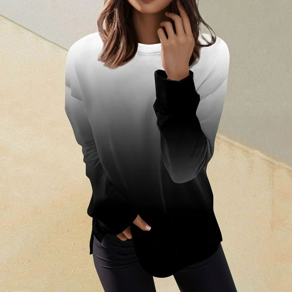 Womens Crew Neck Sweatshirts Long Sleeve Casual Lightweight Pullover Gradient Printed Loose Tops