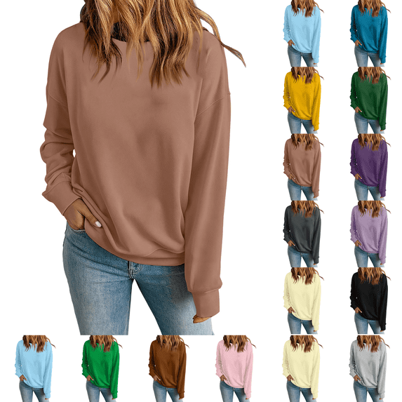 Womens Crew Neck Sweatshirts Long Sleeve Fall Casual Basic Pullover Loose Fit Top Sweatshirt Fashion Light Brown XL