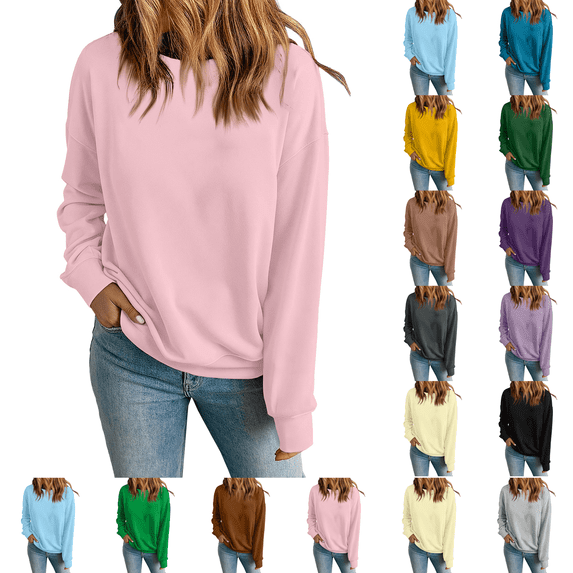 Womens Crew Neck Sweatshirts Long Sleeve Fall Casual Basic Pullover Loose Fit Top Sweatshirt Fashion Pink 2XL