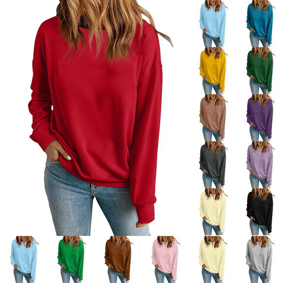 Womens Crew Neck Sweatshirts Long Sleeve Fall Casual Basic Pullover Loose Fit Top Sweatshirt Fashion Red M