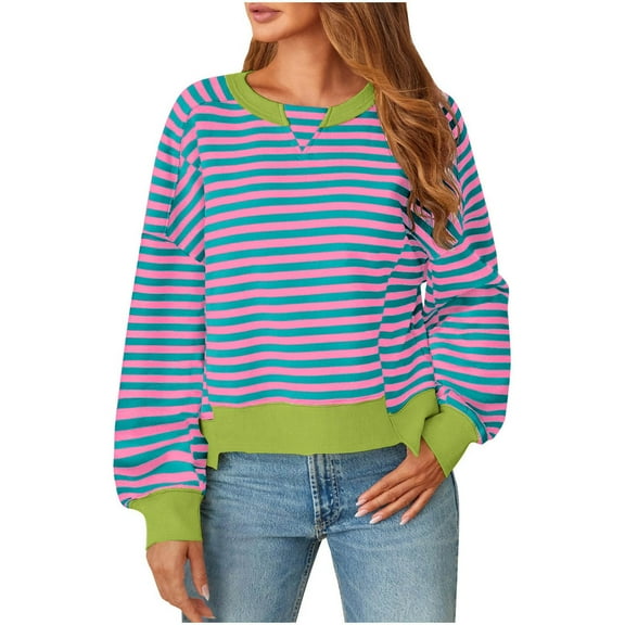 Womens Crew Neck Sweatshirts Trendy Color Blocked Casual Loose Pullover Top Strip Long Sleeve Shirt Women Fall (Green XL)