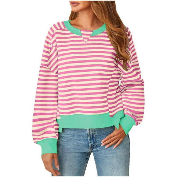 Womens Crew Neck Sweatshirts Trendy Color Blocked Casual Loose Pullover Top Strip Long Sleeve Shirt Women Fall (Pink 2XL)