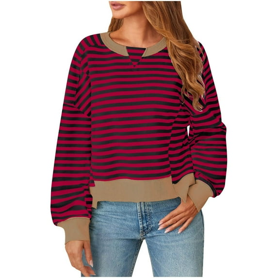 Womens Crew Neck Sweatshirts Trendy Color Blocked Casual Loose Pullover Top Strip Long Sleeve Shirt Women Fall (Red XL)