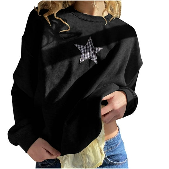 Womens Crew Neck Sweatshirts Trendy Star Print Long Sleeve Top Casual Loose Graphic Pullover Oversized Shirt (Black M)