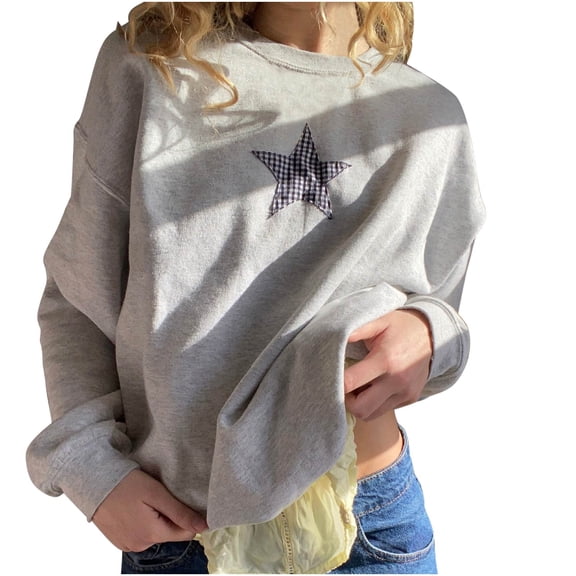 Womens Crew Neck Sweatshirts Trendy Star Print Long Sleeve Top Casual Loose Graphic Pullover Oversized Shirt (Gray M)