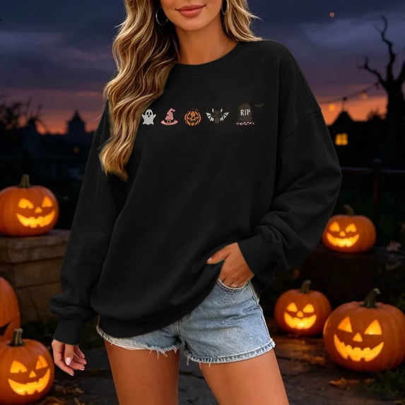 Womens Crew Neck Sweatshirts Vintage Halloween Element Icon Graphic Fall Casual Loose Pullover Tops Black M