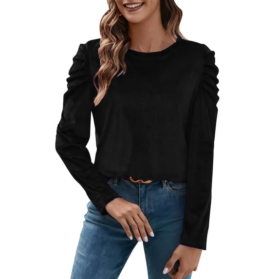 Womens Crew Neck T Shirts Puff Long Sleeve Solid Color Pullover Tops Fall Winter Trendy Dressy Casual Elegant Blouse (XXL, Black)