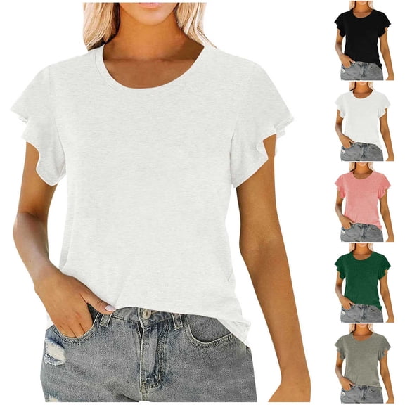 Womens Crew Neck T Shirts Ruffle Short Sleeve Summer Loose Fashion Trendy Casual Cute Comfortable Lightweight Soft Tops Solid Color Blouses Spring Clothes
