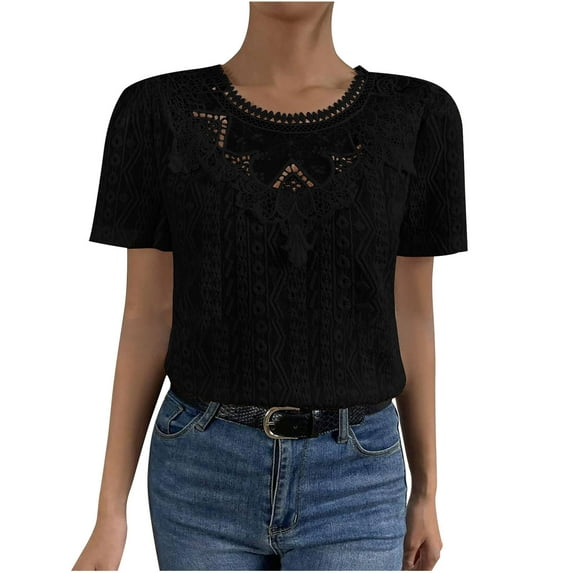 Womens Crew Neck T Shirts Short Sleeve Lace Shirts for Women Fashion Summer Solid Color Casual Loose Tops (Black L)